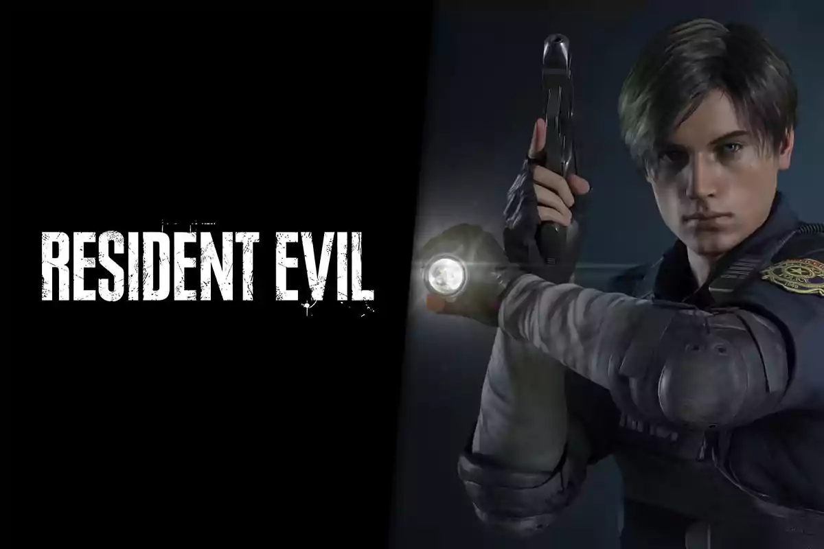 Portada del videojuego Resident Evil con un personaje sosteniendo una linterna y una pistola