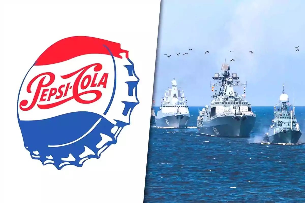 Old Pepsi-Cola logo on a bottle cap next to an image of warships sailing on the sea