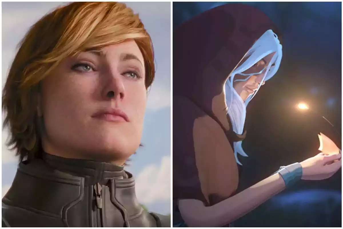 Comparison of two female video game characters, one with short blonde hair in a realistic setting and the other with long white hair in an animated style holding a light Comparison of two female video game characters, one with short blonde hair in a realistic setting and the other with long white hair in an animated style holding a light