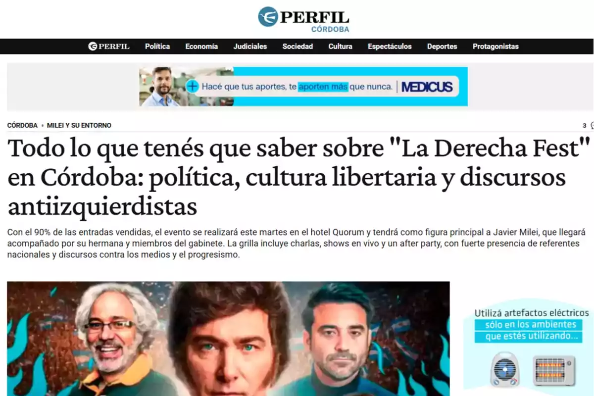 Cover of an article from the Perfil Córdoba website about the La Derecha Fest event in Córdoba, featuring images of three men and a headline mentioning politics, libertarian culture, and anti-leftist speeches Cover of an article from the Perfil Córdoba website about the La Derecha Fest event in Córdoba, featuring images of three men and a headline mentioning politics, libertarian culture, and anti-leftist speeches
