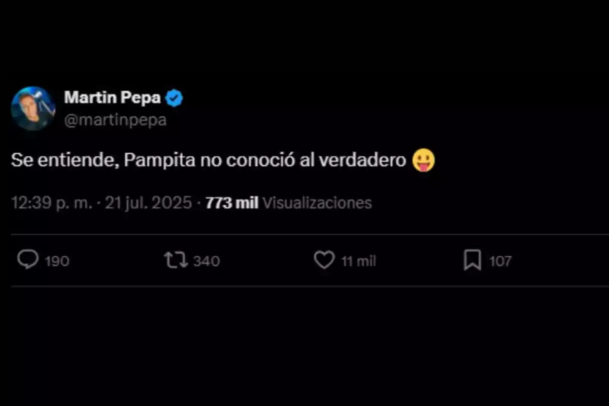 Captura de pantalla de un tuit de Martin Pepa en el que menciona a Pampita y dice que no conoció al verdadero, acompañado de un emoji sacando la lengua Captura de pantalla de un tuit de Martin Pepa en el que menciona a Pampita y dice que no conoció al verdadero, acompañado de un emoji sacando la lengua