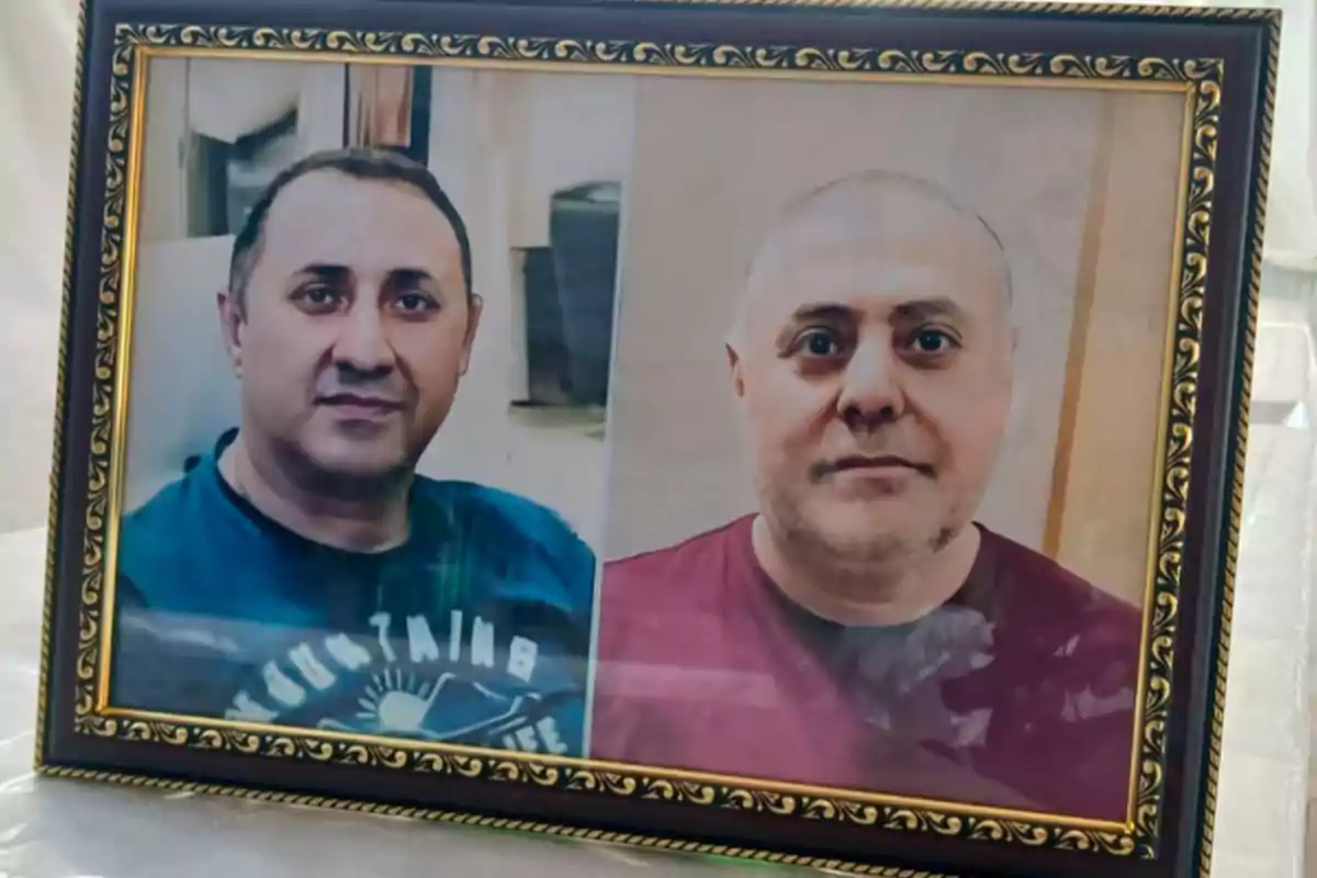 Framed photograph with two portraits of a man, one with short hair and a blue t-jersey and the other with a shaved head and a red t-jersey. Framed photograph with two portraits of a man, one with short hair and a blue t-jersey and the other with a shaved head and a red t-jersey.