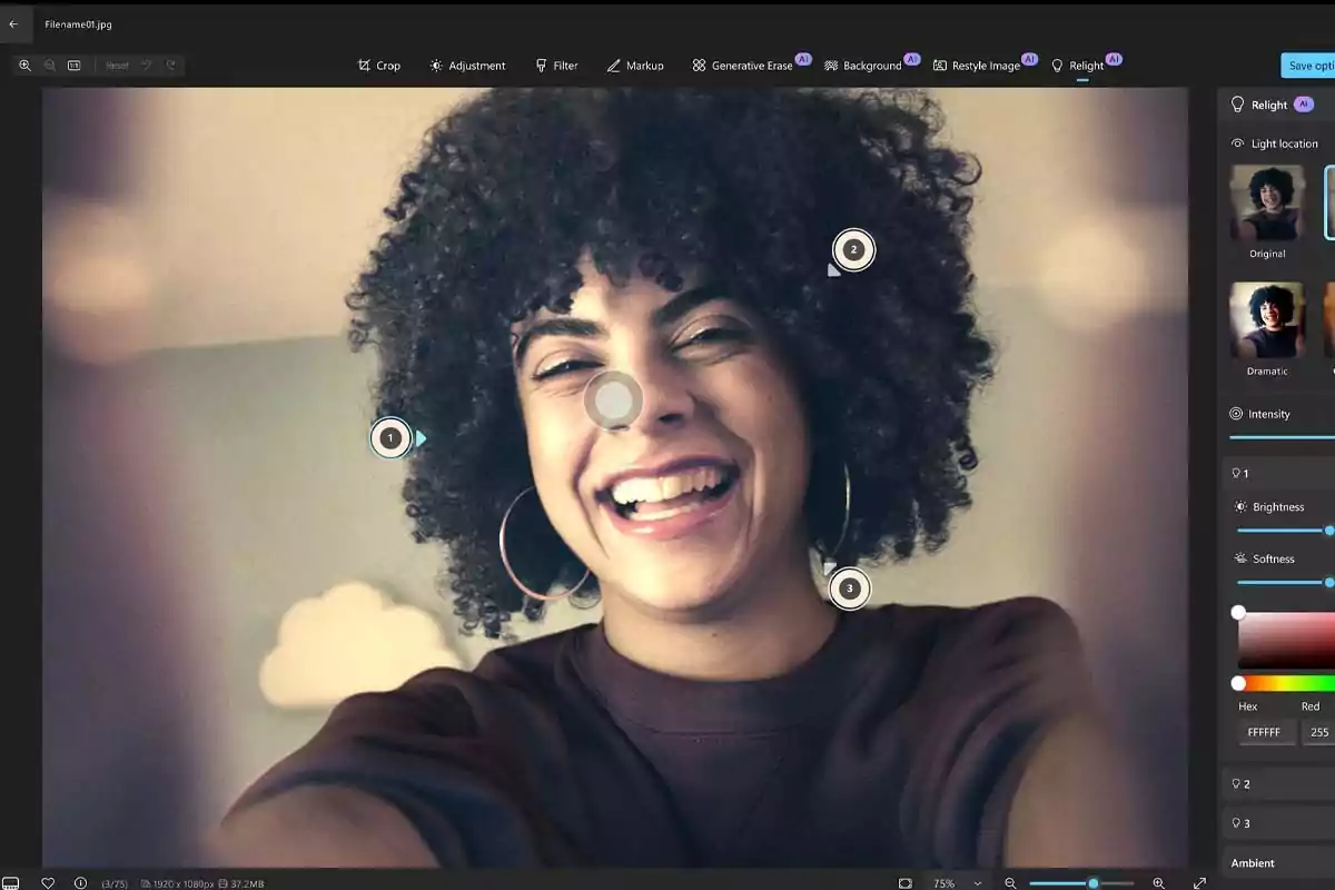 A smiling woman with curly hair appears on the screen of a photo editing program with various tools and controls visible around her. A smiling woman with curly hair appears on the screen of a photo editing program with various tools and controls visible around her.