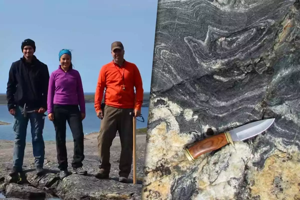 Tres personas de pie sobre rocas junto a un lago y una navaja con mango de madera sobre una superficie de roca con vetas claras y oscuras