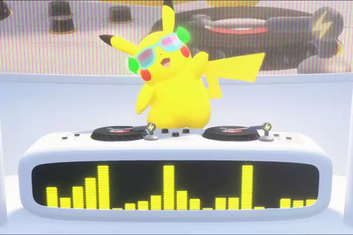 Pikachu con gafas de sol y audífonos verdes está animando una fiesta mientras mezcla música en una cabina de DJ blanca con ecualizador amarillo digital. Pikachu con gafas de sol y audífonos verdes está animando una fiesta mientras mezcla música en una cabina de DJ blanca con ecualizador amarillo digital.