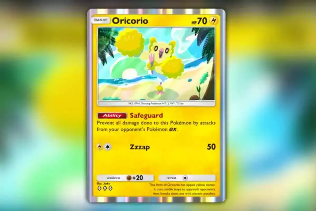 Carta de Pokémon de Oricorio en versión eléctrica con fondo de playa y palmeras, puntos de vida 70 y ataque Zzzap Carta de Pokémon de Oricorio en versión eléctrica con fondo de playa y palmeras, puntos de vida 70 y ataque Zzzap