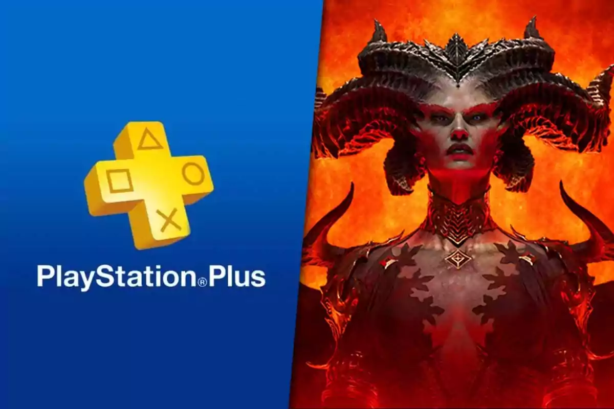 Logo de PlayStation Plus junto a un personaje demoníaco con cuernos grandes y fondo de fuego