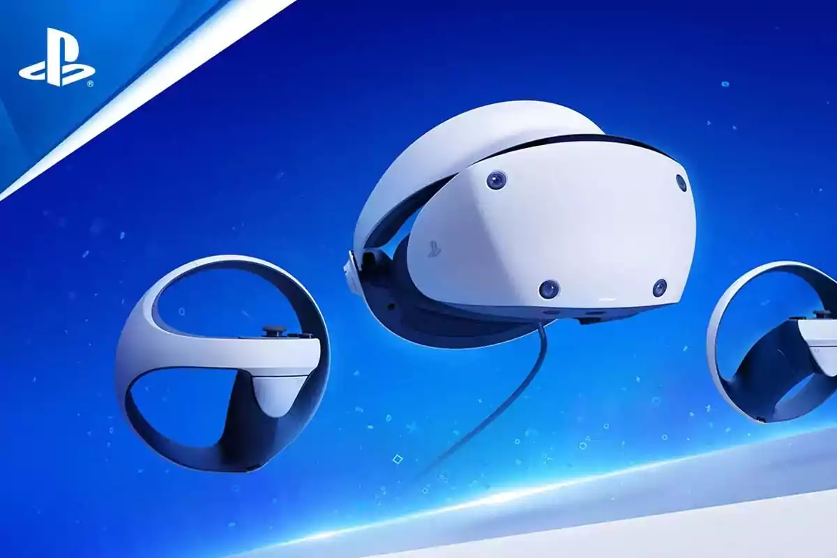 PlayStation VR2 virtual reality headset and two controllers on a futuristic blue background PlayStation VR2 virtual reality headset and two controllers on a futuristic blue background