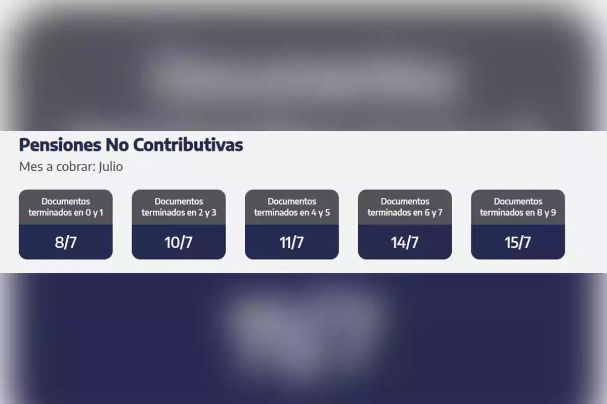 Calendario de pago de pensiones no contributivas para el mes de julio con fechas según la terminación del documento 8 de julio para terminados en 0 y 1, 10 de julio para 2 y 3, 11 de julio para 4 y 5, 14 de julio para 6 y 7, 15 de julio para 8 y 9 Calendario de pago de pensiones no contributivas para el mes de julio con fechas según la terminación del documento 8 de julio para terminados en 0 y 1, 10 de julio para 2 y 3, 11 de julio para 4 y 5, 14 de julio para 6 y 7, 15 de julio para 8 y 9