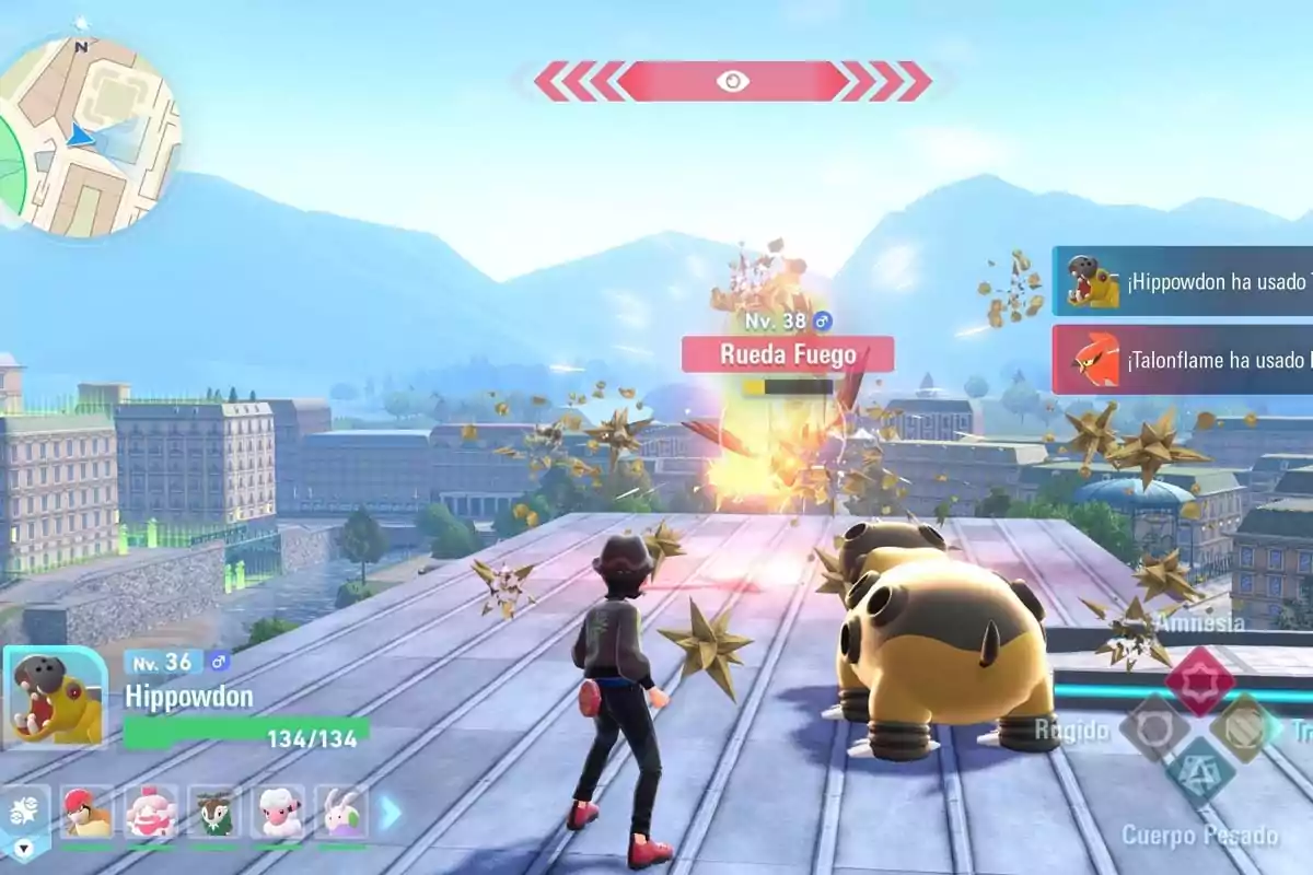 Un entrenador Pokémon combate en una azotea junto a su Hippowdon contra un Talonflame que está usando el ataque Rueda Fuego, con edificios y montañas al fondo en un entorno urbano dentro de un videojuego. Un entrenador Pokémon combate en una azotea junto a su Hippowdon contra un Talonflame que está usando el ataque Rueda Fuego, con edificios y montañas al fondo en un entorno urbano dentro de un videojuego.