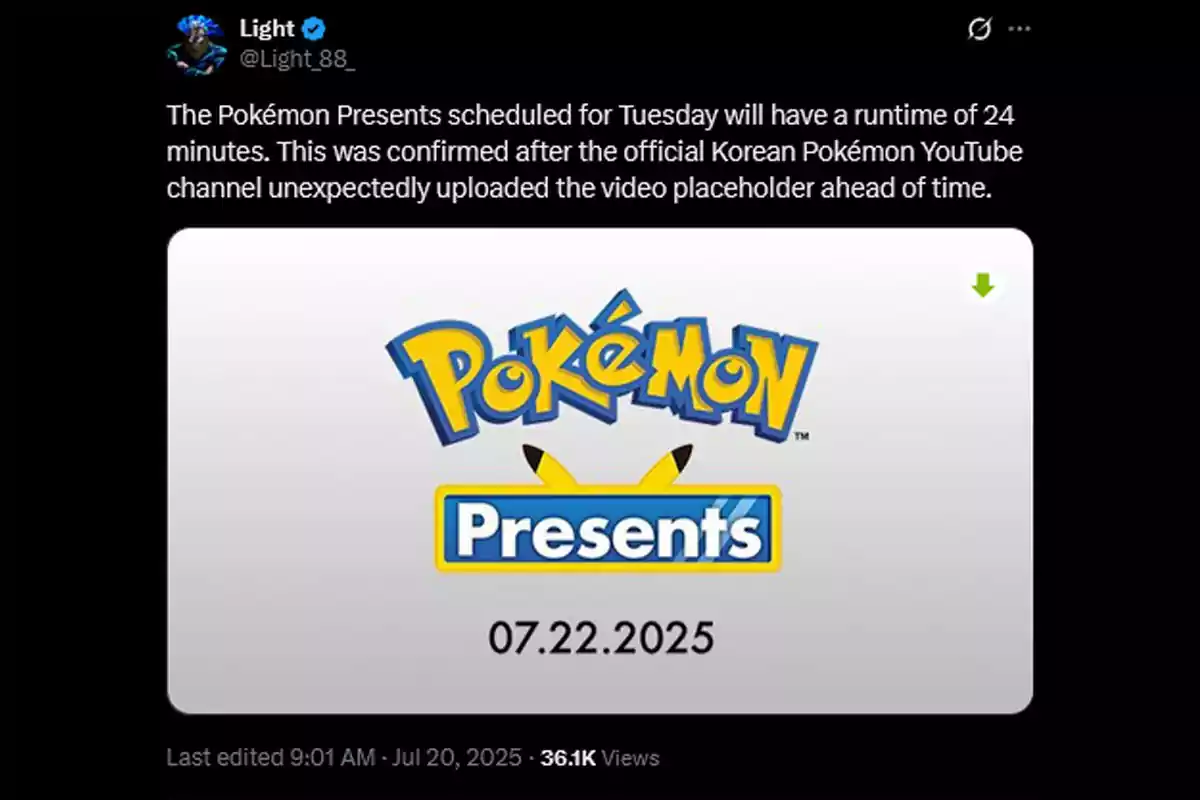 Publicación en redes sociales anunciando un evento de Pokémon Presents programado para el 22 de julio de 2025 con una duración de 24 minutos, acompañado del logotipo de Pokémon Presents. Publicación en redes sociales anunciando un evento de Pokémon Presents programado para el 22 de julio de 2025 con una duración de 24 minutos, acompañado del logotipo de Pokémon Presents.