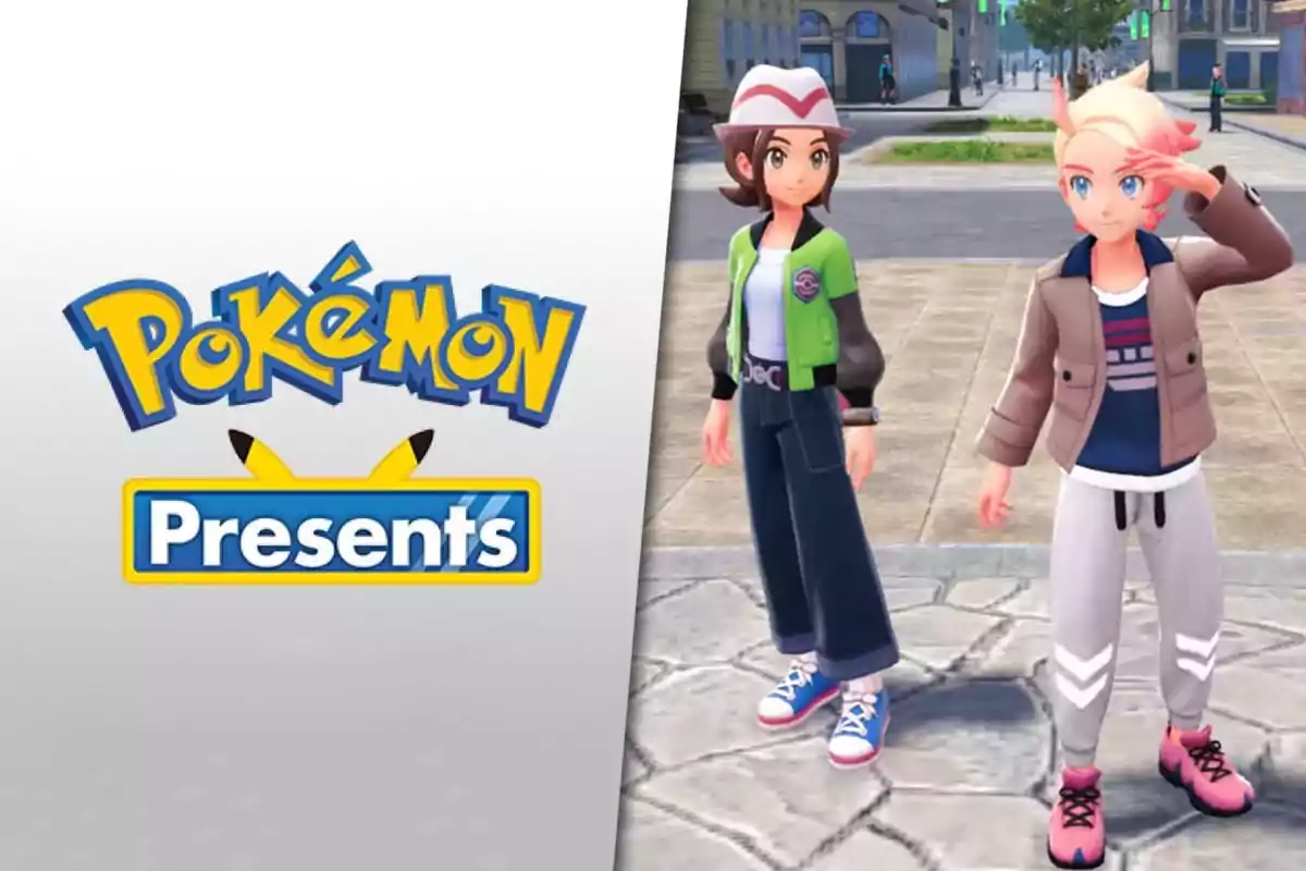Logo de Pokémon Presents junto a dos personajes animados de un videojuego de Pokémon en una ciudad