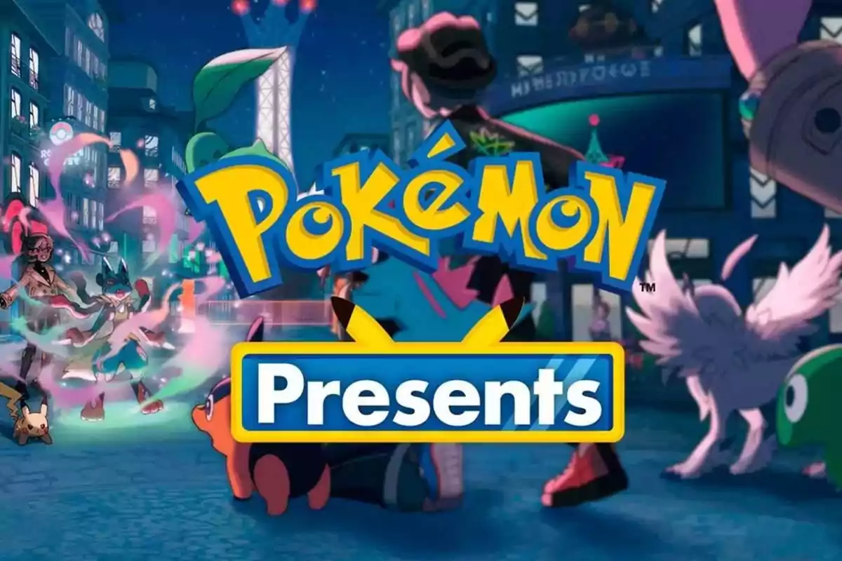 Logo de Pokémon Presents sobre un fondo animado con varios personajes y criaturas de Pokémon en una ciudad iluminada de noche Logo de Pokémon Presents sobre un fondo animado con varios personajes y criaturas de Pokémon en una ciudad iluminada de noche