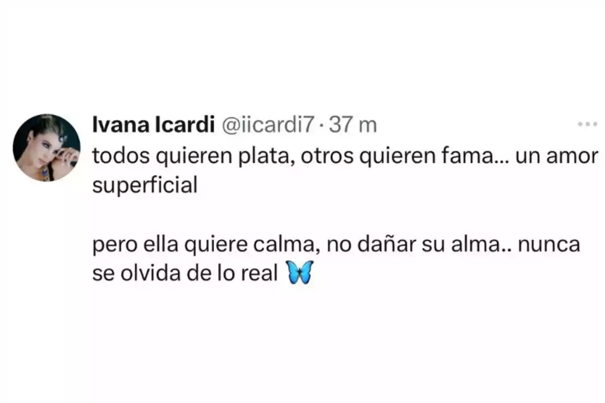 Social media post where someone says that many people are after money, fame, and superficial relationships, but she prefers peace and taking care of her soul, always remembering what’s authentic, with a butterfly emoji. Social media post where someone says that many people are after money, fame, and superficial relationships, but she prefers peace and taking care of her soul, always remembering what’s authentic, with a butterfly emoji.