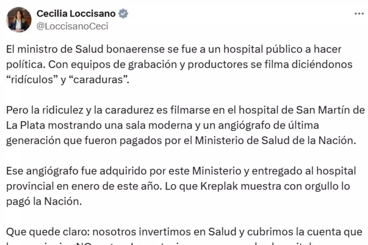 Publicación en Twitter de Cecilia Loccisano criticando al ministro de Salud bonaerense por grabar un video en un hospital público mostrando equipamiento adquirido por el Ministerio de Salud de la Nación y reclamando el reconocimiento de la inversión nacional en salud Publicación en Twitter de Cecilia Loccisano criticando al ministro de Salud bonaerense por grabar un video en un hospital público mostrando equipamiento adquirido por el Ministerio de Salud de la Nación y reclamando el reconocimiento de la inversión nacional en salud