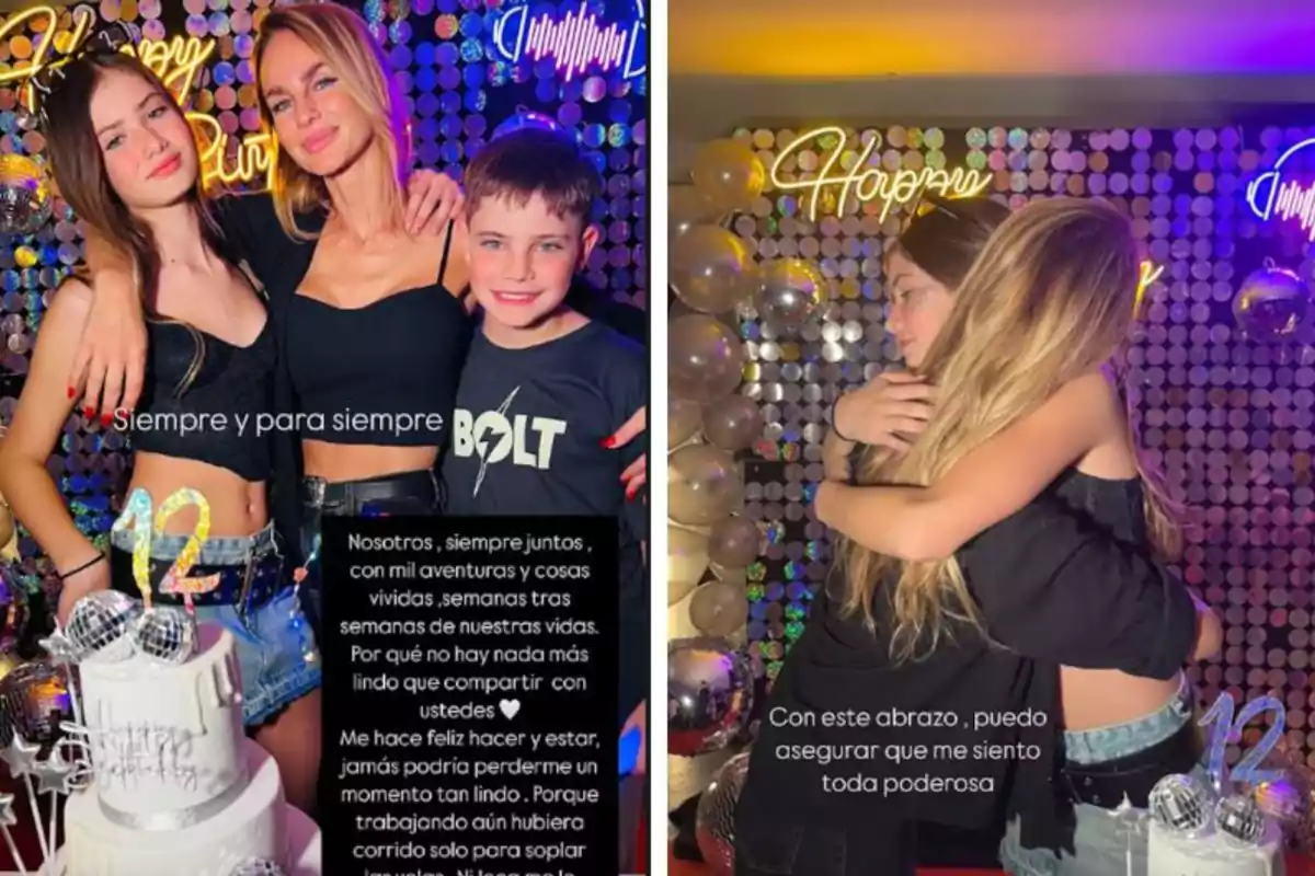 Three people pose smiling next to a cake decorated with the number 12 and a background wall with lights and balloons, while in the second image two of them hug affectionately in the same party setting. Three people pose smiling next to a cake decorated with the number 12 and a background wall with lights and balloons, while in the second image two of them hug affectionately in the same party setting.