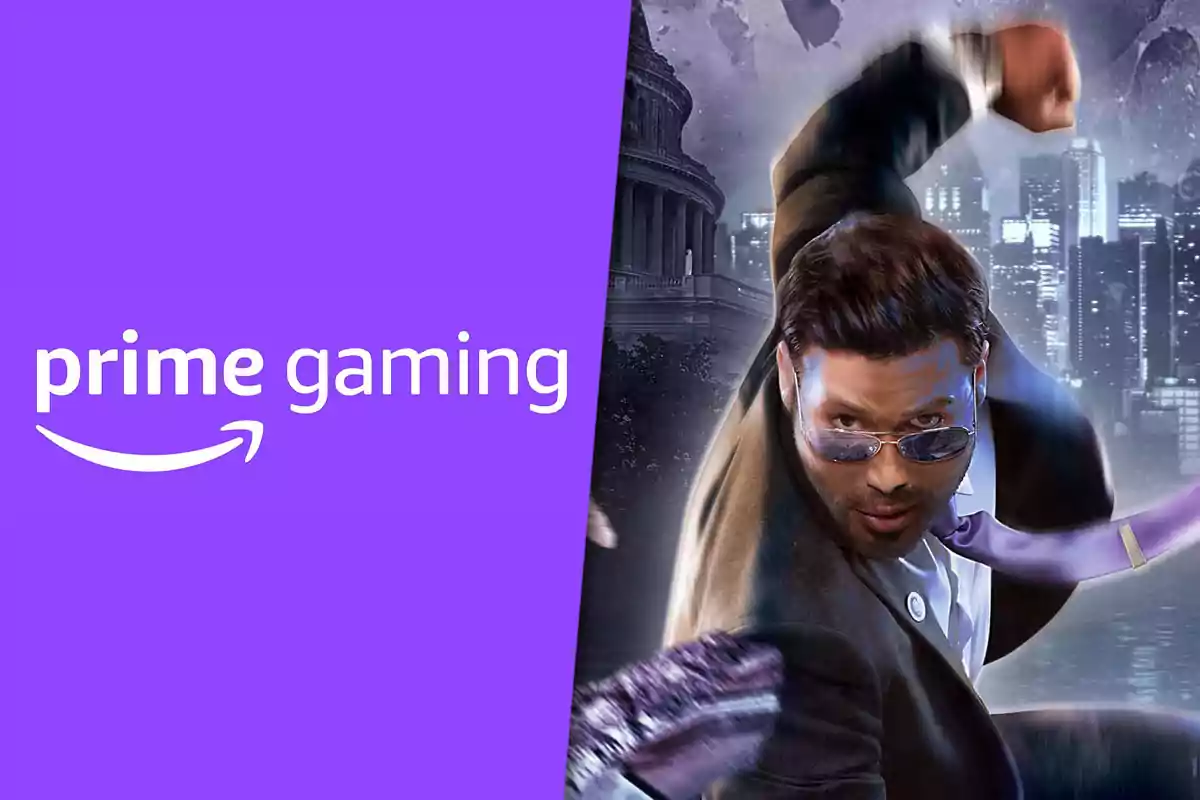 Prime Gaming logo on the left and a man wearing sunglasses in an action pose against an urban background on the right
