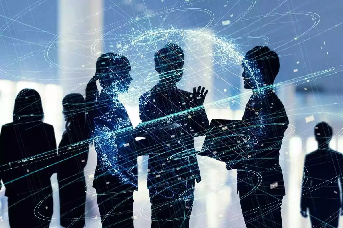 Personas de negocios conversando con gráficos digitales y líneas tecnológicas superpuestas que representan conexión y tecnología Personas de negocios conversando con gráficos digitales y líneas tecnológicas superpuestas que representan conexión y tecnología