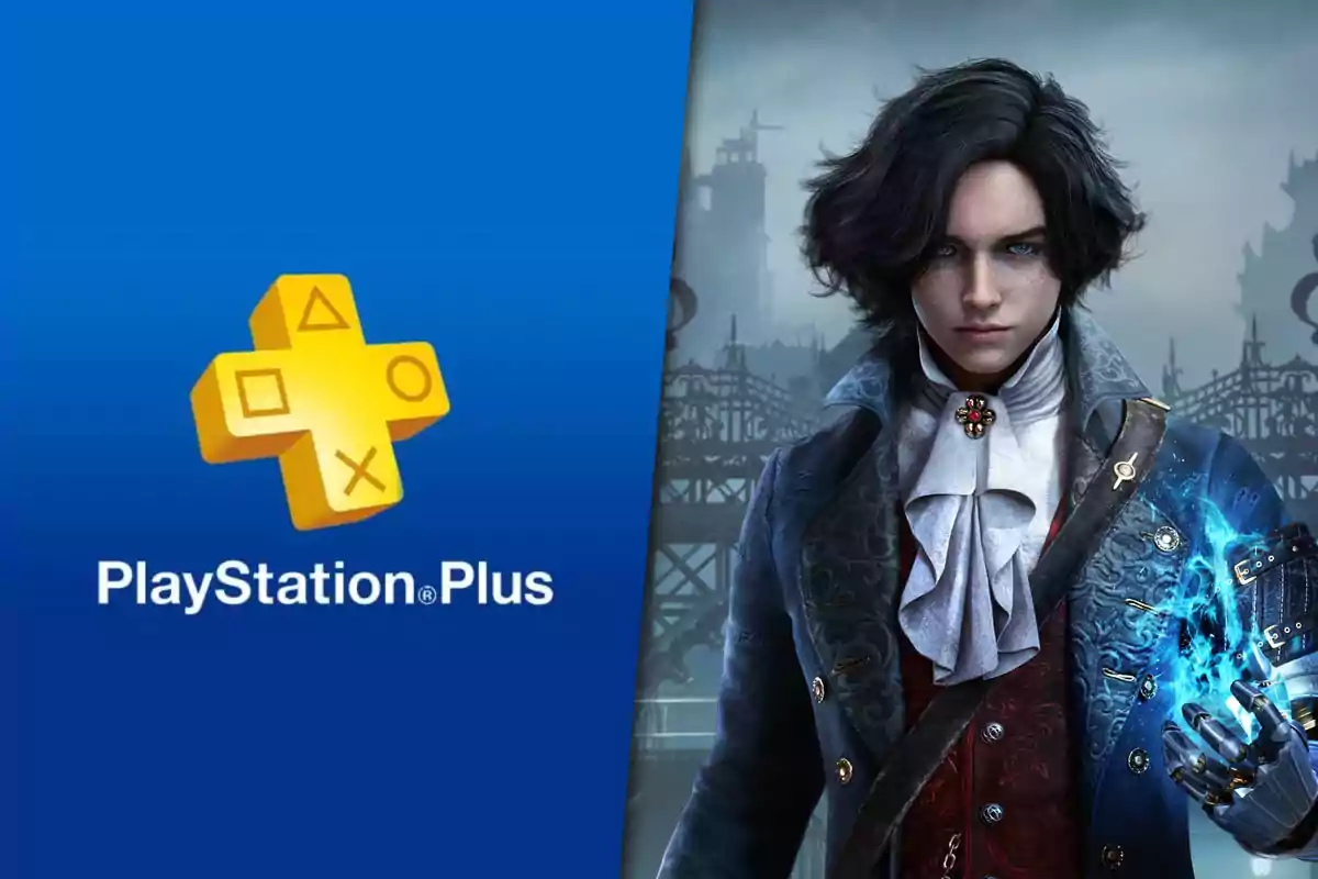 Logo de PlayStation Plus junto a un personaje de videojuego con vestimenta elegante y un brazo mecánico brillante