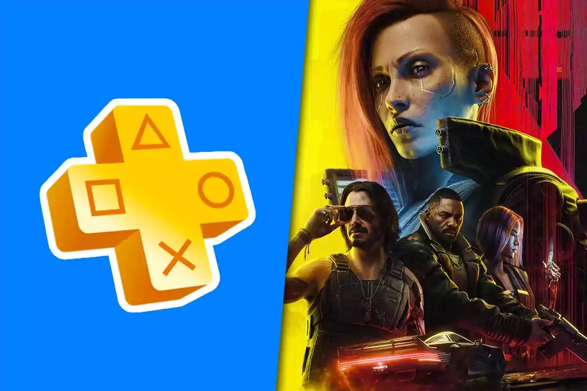 Logo de PlayStation Plus junto a personajes del videojuego Cyberpunk 2077