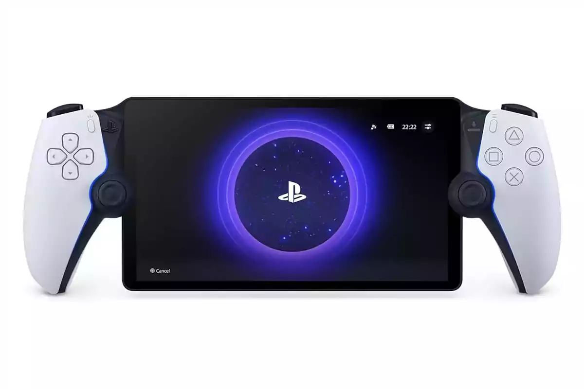 Consola portátil de PlayStation con pantalla encendida y controles a los lados Consola portátil de PlayStation con pantalla encendida y controles a los lados