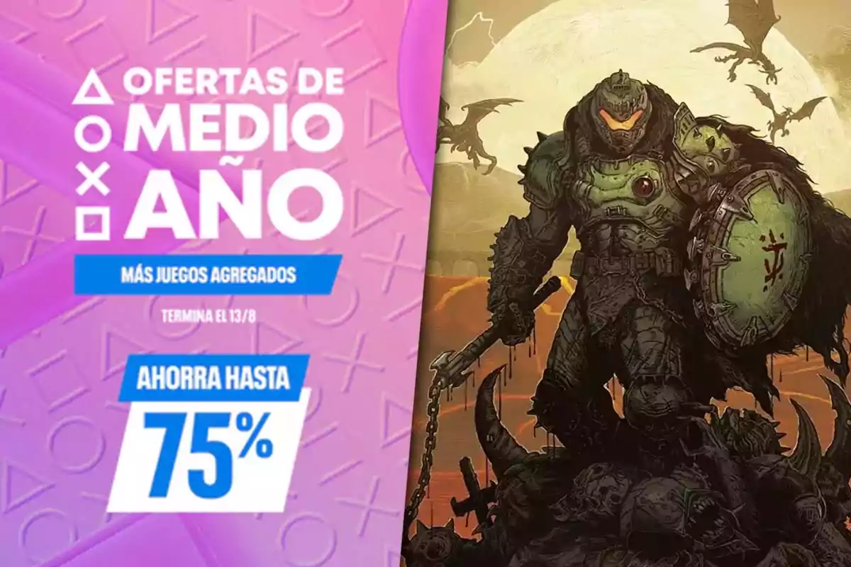 Promoción de ofertas de videojuegos de medio año con descuentos de hasta 75 por ciento y la imagen de un guerrero con armadura verde y escudo rodeado de criaturas y dragones al fondo