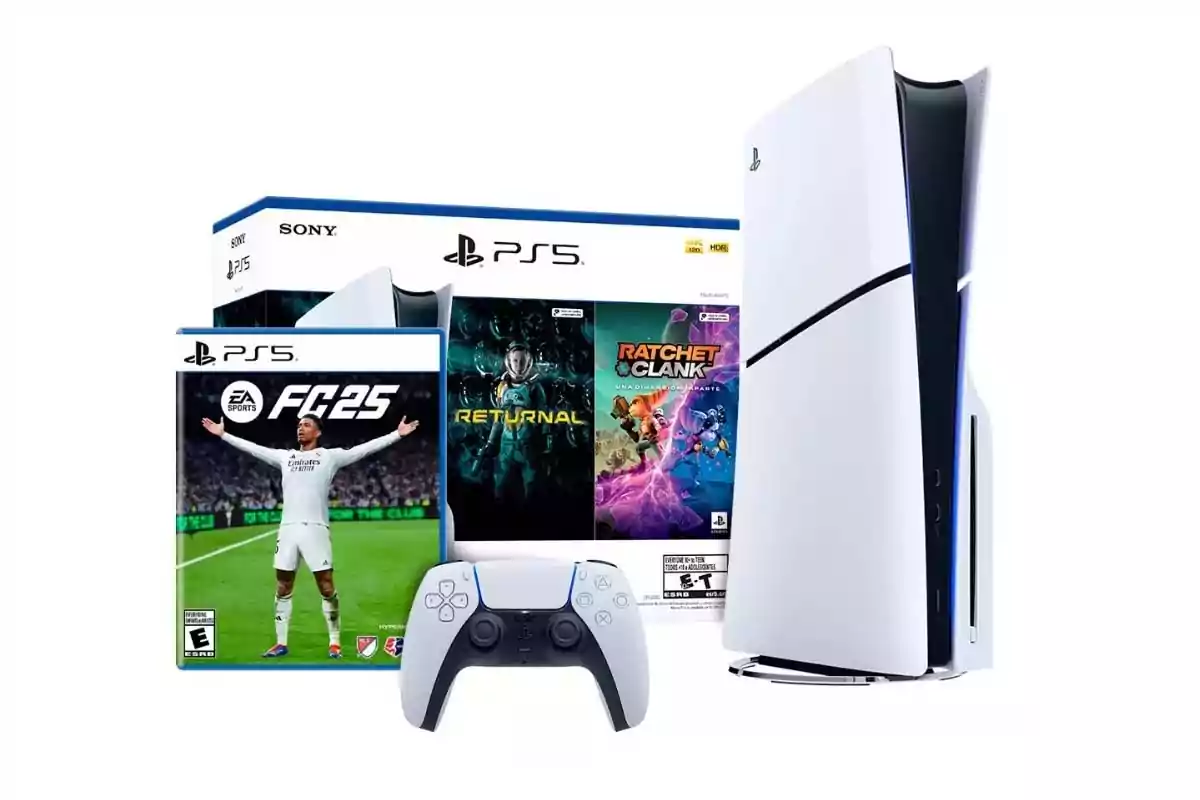 PlayStation 5 console with one controller and three physical games: FC25, Returnal, and Ratchet and Clank PlayStation 5 console with one controller and three physical games: FC25, Returnal, and Ratchet and Clank