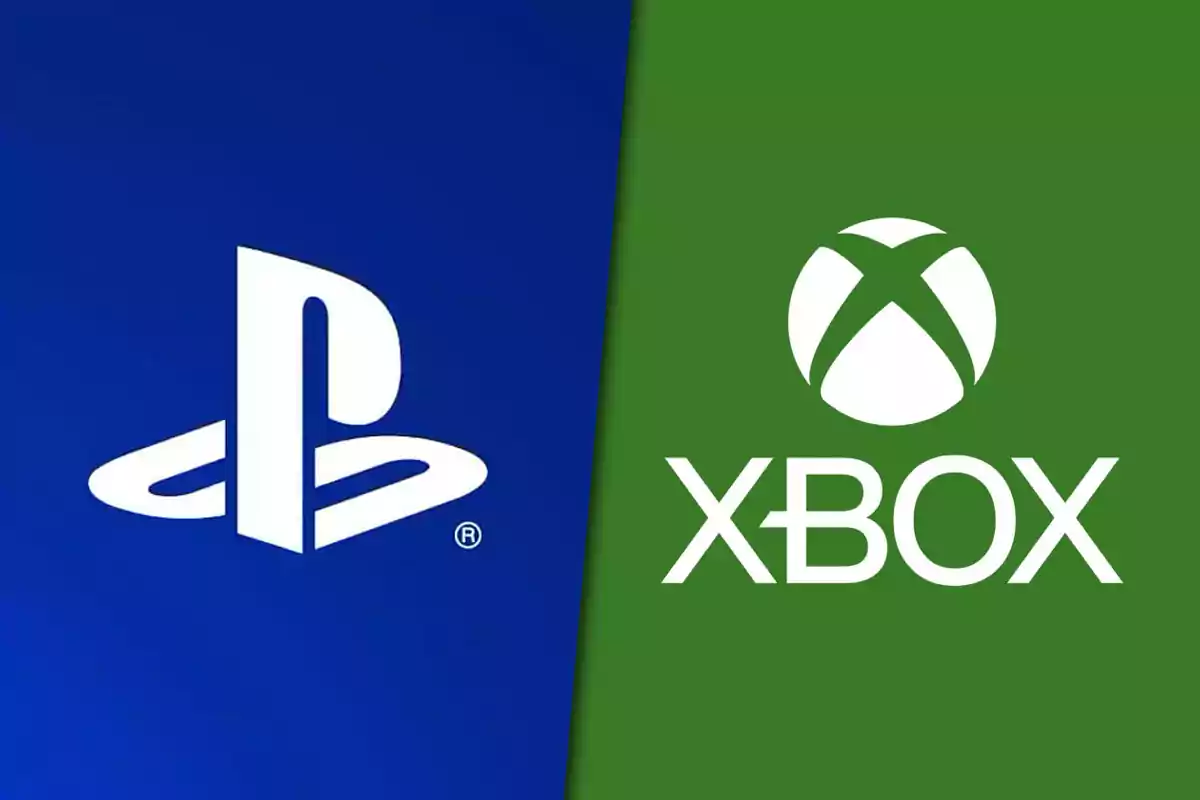 Logos de PlayStation y Xbox sobre fondos azul y verde divididos en diagonal