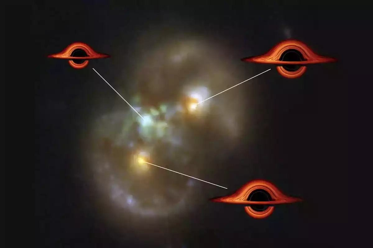 Illustration of a galaxy with three supermassive black holes highlighted with graphics and white lines pointing to them Illustration of a galaxy with three supermassive black holes highlighted with graphics and white lines pointing to them
