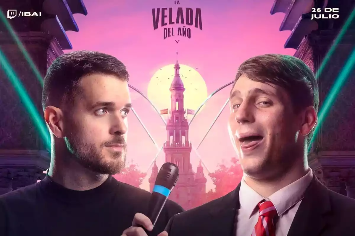 Two men in the foreground with different expressions, one holding a microphone, pink sunset background and a central tower, text at the top that says La Velada del Año and date July 26
