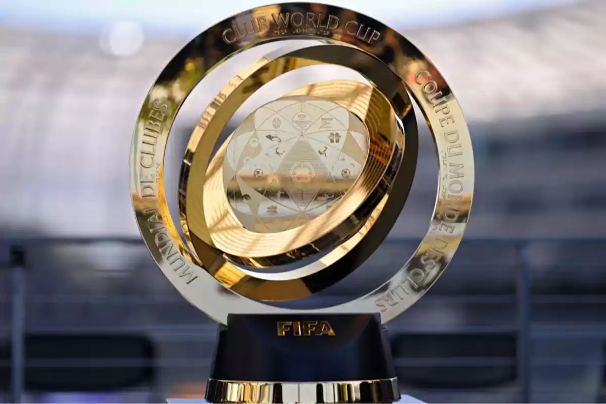 FIFA Club World Cup golden trophy on a black base with the organization’s logo