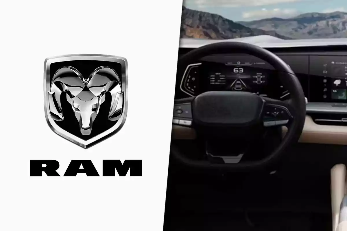 RAM logo next to the view of the steering wheel and dashboard of a modern vehicle with a mountainous landscape in the background