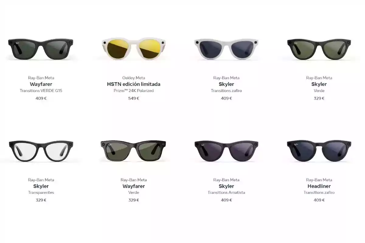 Imagen que muestra una selección de gafas inteligentes de las marcas Ray-Ban Meta y Oakley Meta en diferentes modelos, colores y precios, organizadas en dos filas sobre fondo blanco Imagen que muestra una selección de gafas inteligentes de las marcas Ray-Ban Meta y Oakley Meta en diferentes modelos, colores y precios, organizadas en dos filas sobre fondo blanco