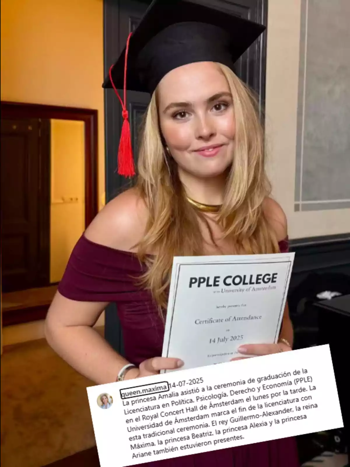 Young woman in cap and gown smiles while holding a graduation diploma from the University of Amsterdam, accompanied by text describing the ceremony and the presence of her family. Young woman in cap and gown smiles while holding a graduation diploma from the University of Amsterdam, accompanied by text describing the ceremony and the presence of her family.