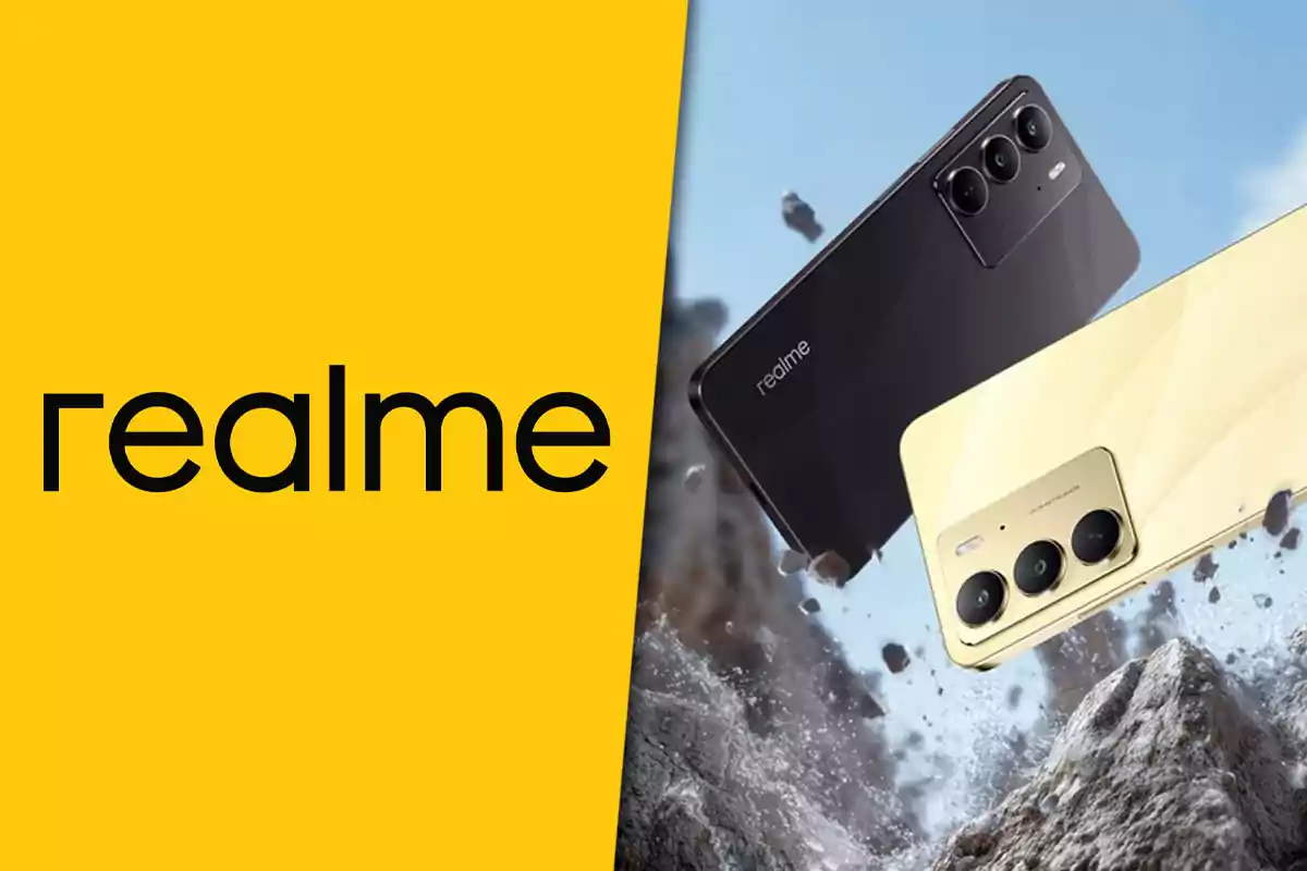Two Realme phones in black and gold floating over a background of rocks and sky next to the brand’s logo on a yellow background