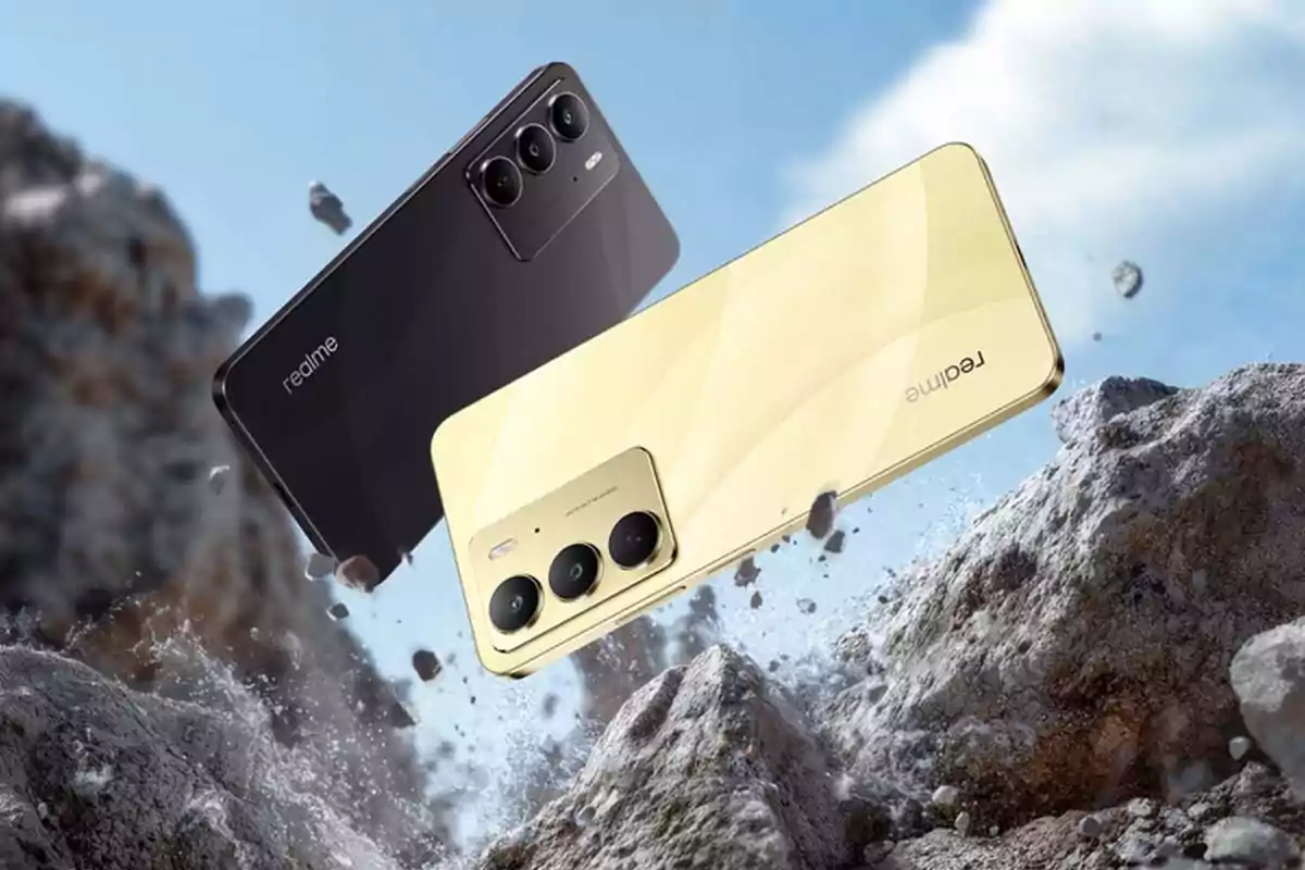 Two Realme phones in black and gold floating over a background of moving rocks and debris Two Realme phones in black and gold floating over a background of moving rocks and debris