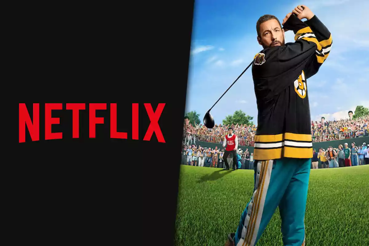 Hombre con uniforme deportivo jugando golf frente a una multitud y el logo de Netflix a la izquierda