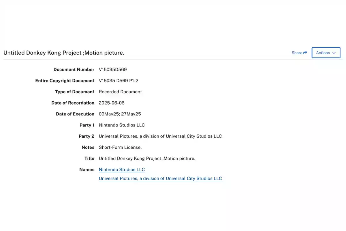 Captura de pantalla de un documento de derechos de autor que muestra información sobre un proyecto cinematográfico sin título de Donkey Kong, con detalles como número de documento, fecha de registro, partes involucradas (Nintendo Studios LLC y Universal Pictures), y enlaces a los nombres de las compañías. Captura de pantalla de un documento de derechos de autor que muestra información sobre un proyecto cinematográfico sin título de Donkey Kong, con detalles como número de documento, fecha de registro, partes involucradas (Nintendo Studios LLC y Universal Pictures), y enlaces a los nombres de las compañías.