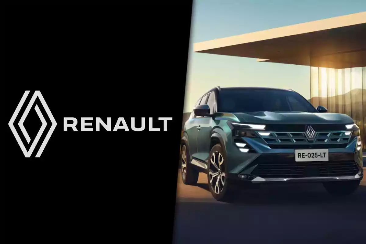 Logo de Renault a la izquierda y un SUV moderno de la marca estacionado frente a una casa al atardecer a la derecha