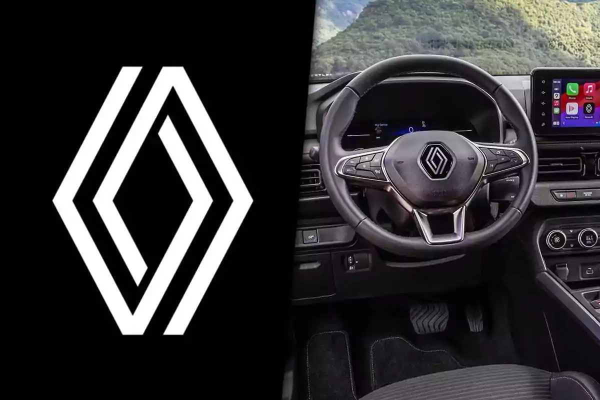 Logotipo moderno de Renault junto al volante de un automóvil con el mismo emblema en el interior del vehículo