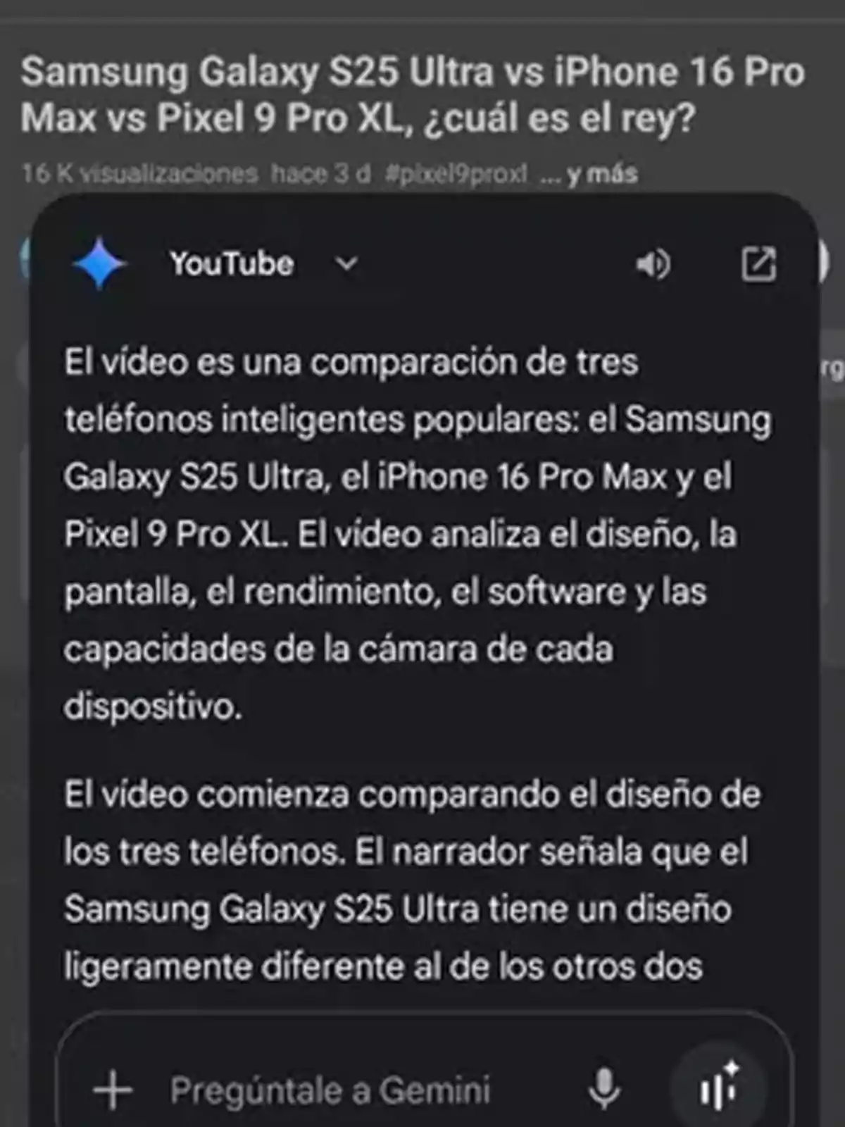 Screenshot showing a comparison between the Samsung Galaxy S25 Ultra, iPhone 16 Pro Max, and Pixel 9 Pro XL on a video platform, with a summary of the content analyzing the design, display, performance, software, and cameras of each device. Screenshot showing a comparison between the Samsung Galaxy S25 Ultra, iPhone 16 Pro Max, and Pixel 9 Pro XL on a video platform, with a summary of the content analyzing the design, display, performance, software, and cameras of each device.
