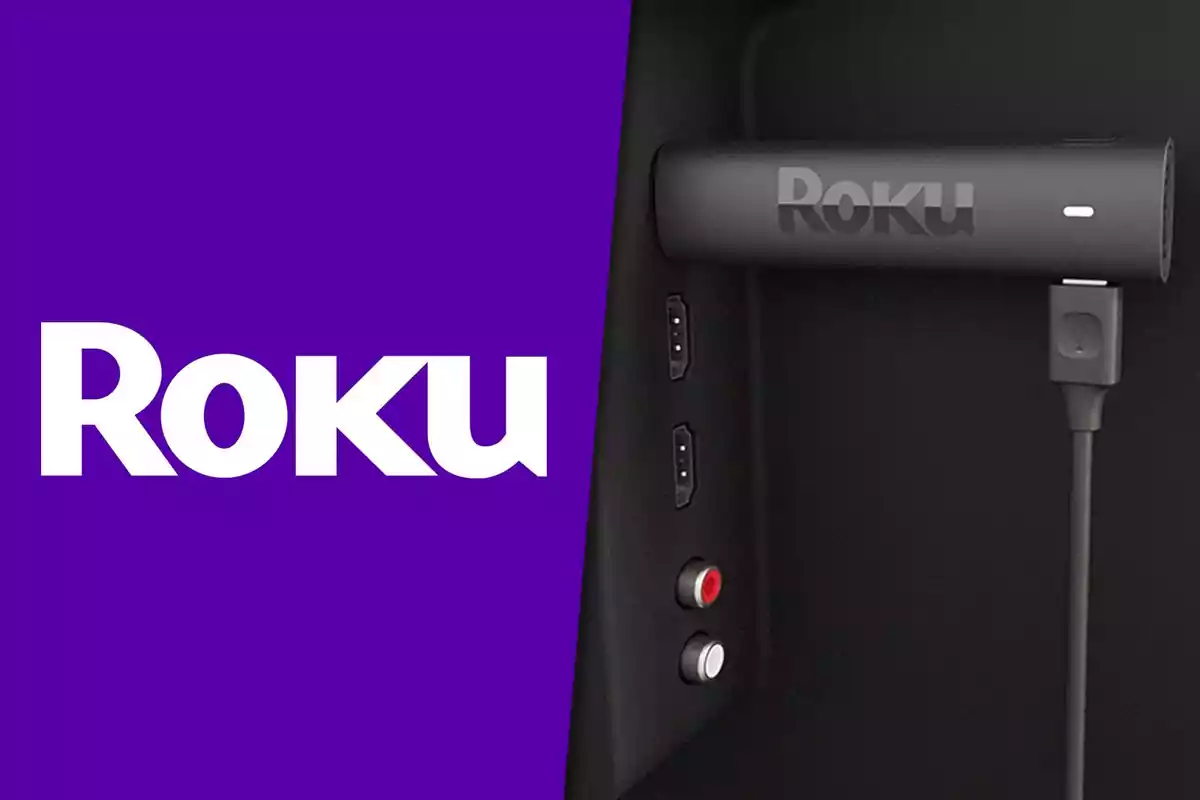 Logo de Roku en fondo morado junto a un dispositivo Roku conectado a la parte trasera de una televisión