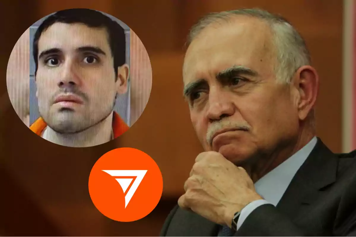 Un hombre mayor de cabello canoso y bigote aparece pensativo en primer plano mientras en la esquina superior izquierda se muestra el retrato de un hombre joven con expresión seria y en la parte inferior hay un círculo naranja con un símbolo blanco