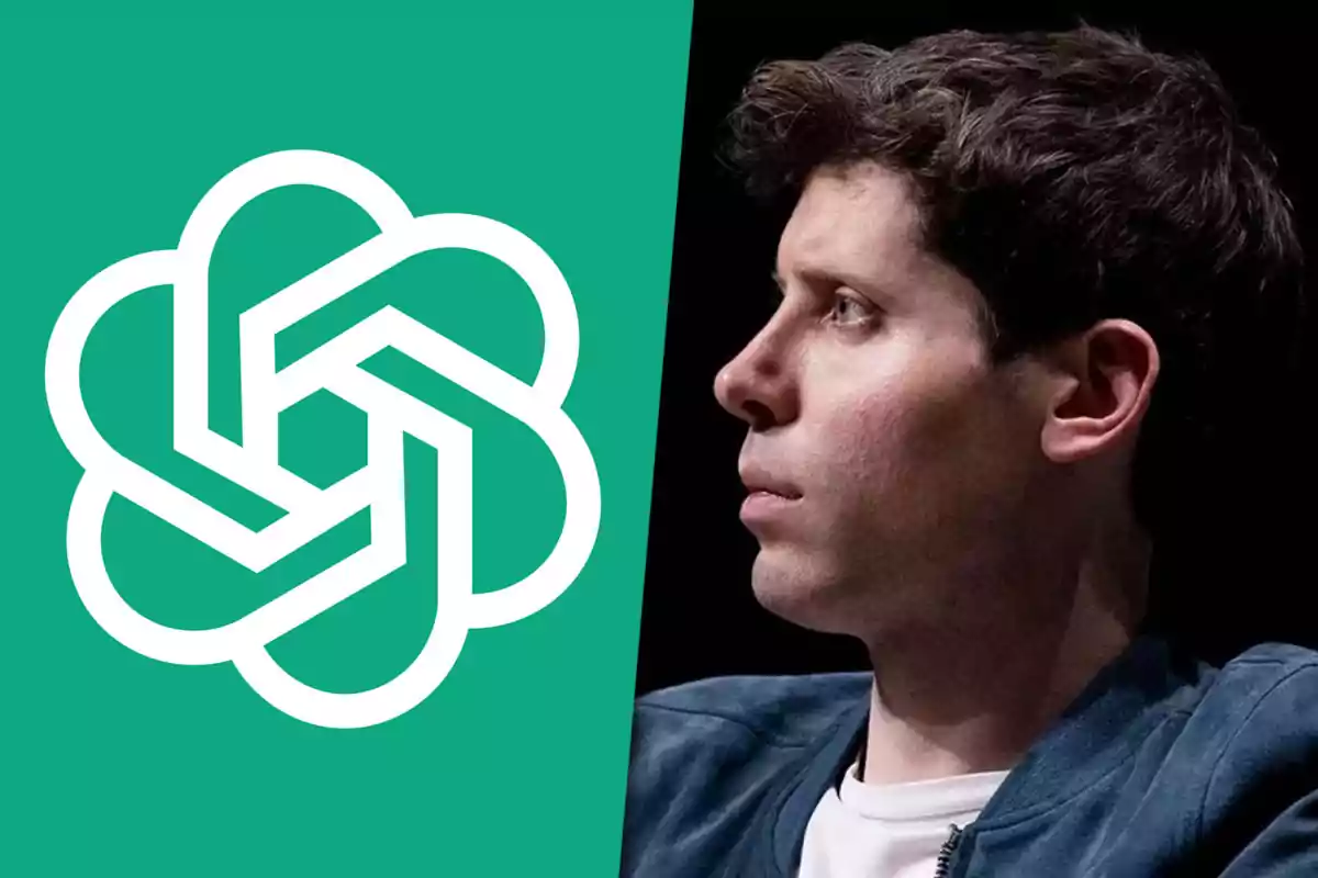 Logo de OpenAI a la izquierda y un hombre de perfil mirando hacia la derecha sobre fondo oscuro