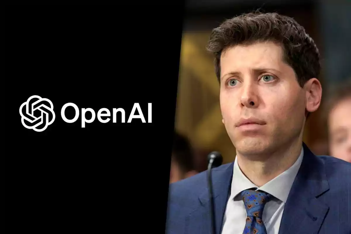 Logo de OpenAI junto a un hombre de traje mirando al frente