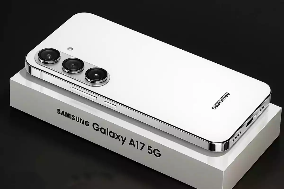 White Samsung Galaxy A17 5G phone with triple rear camera on its box White Samsung Galaxy A17 5G phone with triple rear camera on its box