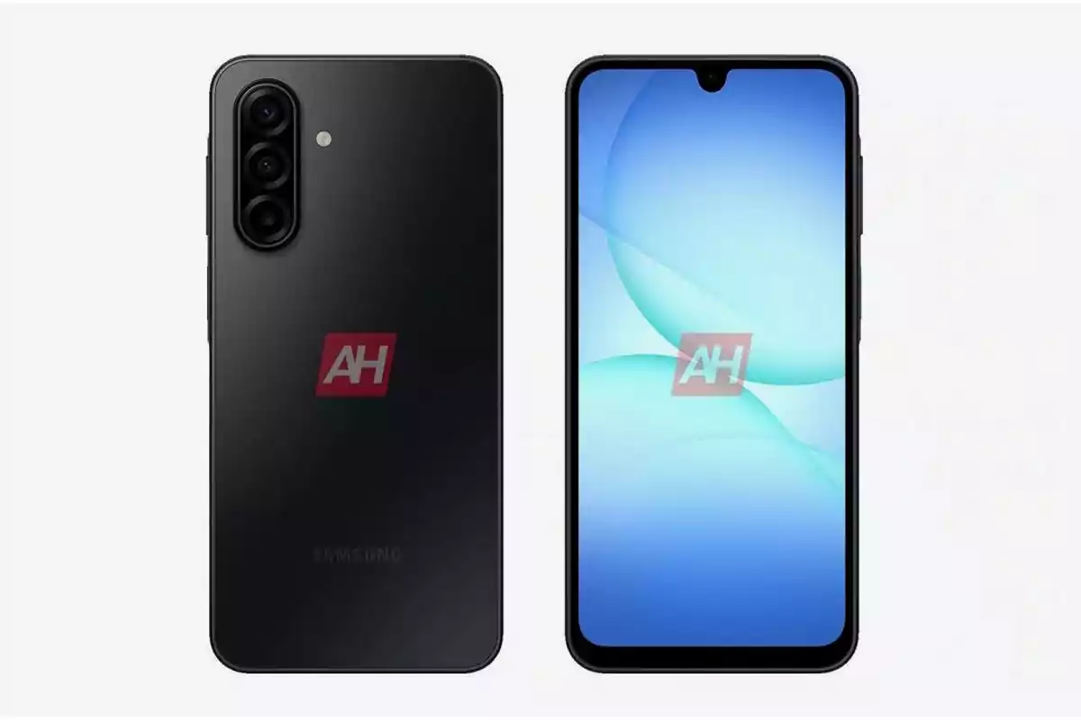 Black Samsung phone seen from the front and back with the screen on and triple rear camera Black Samsung phone seen from the front and back with the screen on and triple rear camera