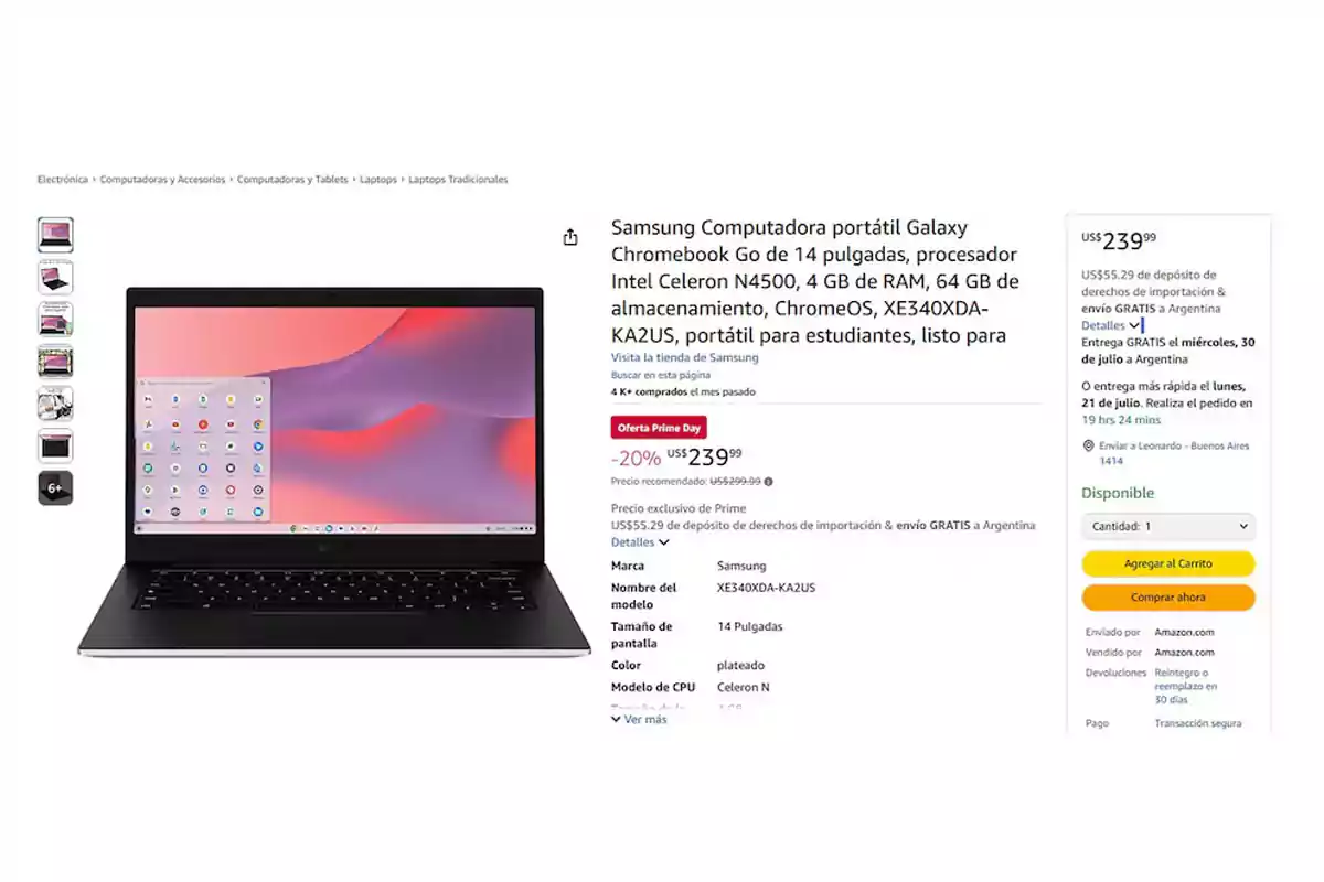 Amazon page showing a 14-inch Samsung Galaxy Chromebook Go laptop with specifications and sale price Amazon page showing a 14-inch Samsung Galaxy Chromebook Go laptop with specifications and sale price