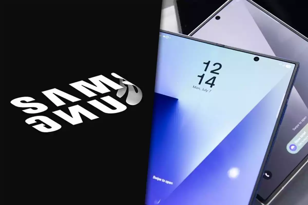Logo de Samsung en blanco sobre fondo negro a la izquierda y a la derecha dos teléfonos inteligentes con pantalla encendida mostrando la hora y fecha
