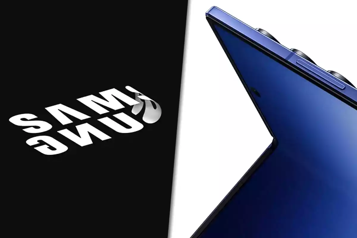 Mitad izquierda con el logo de Samsung en blanco sobre fondo negro y mitad derecha con un teléfono móvil azul visto de perfil sobre fondo blanco